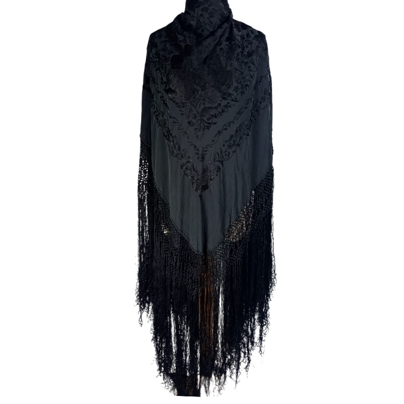 Antique Hand-Embroidered Silk Piano Shawl Wrap Floral Fringe 51" Vintage Luxury