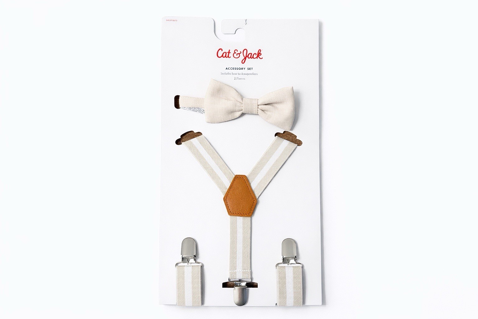 Kids bow tie and suspenders set, neutral beige, adjustable, perfect for events.
