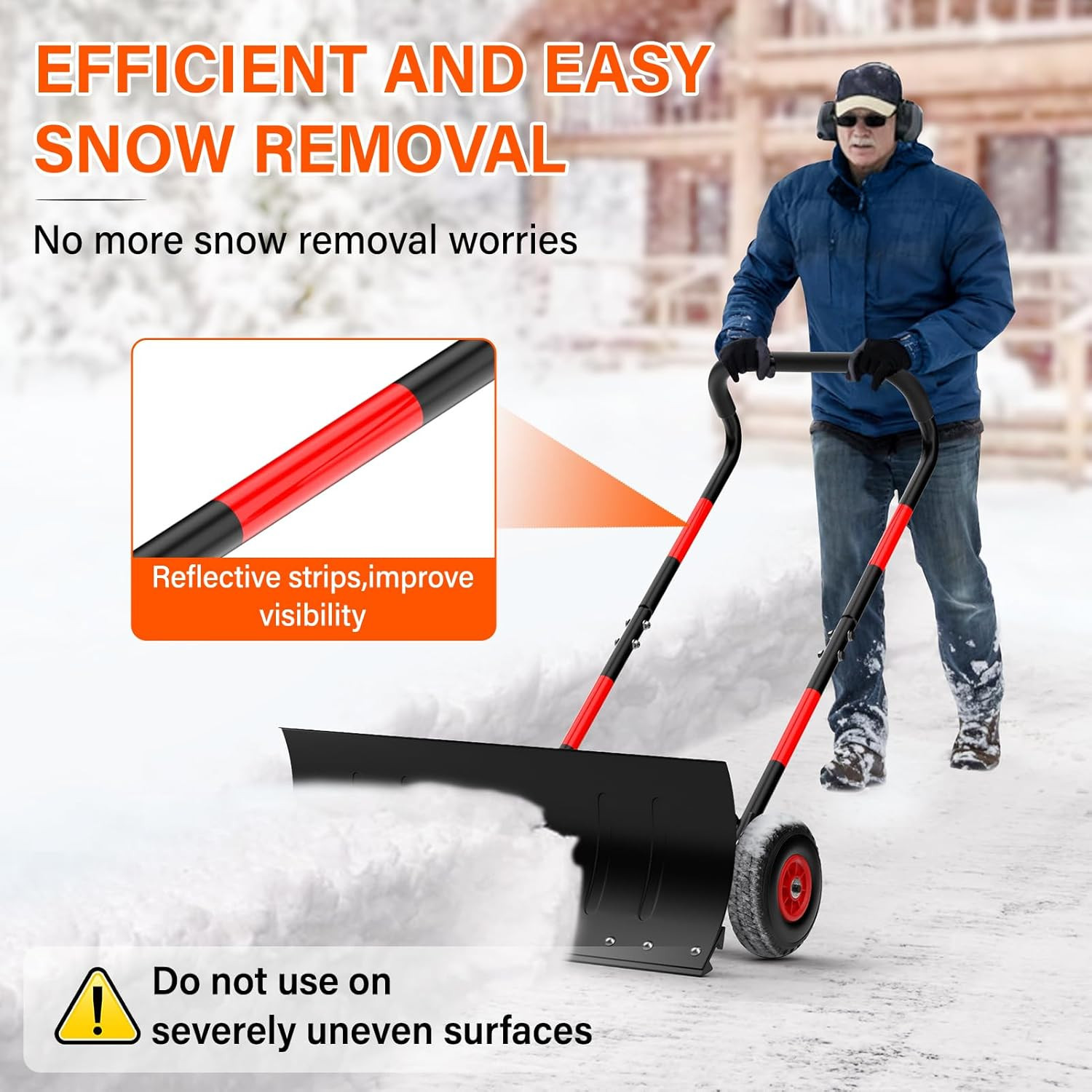 Snow Shovel with Wheels,Heavy Duty Steel Snow Shovel Pusher for Driveways,Sidewa