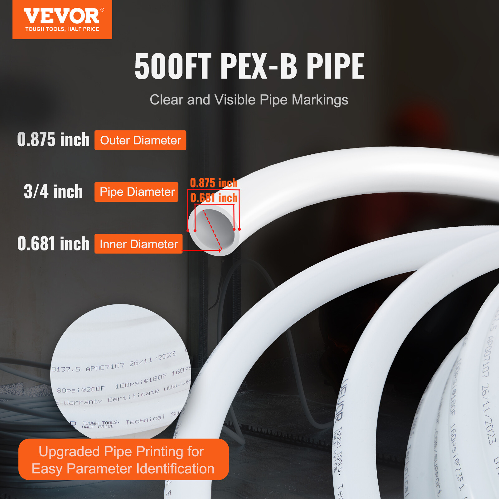 VEVOR 3/4” x 500ft White PEX-B Tubing/Pipe for Potable Water with Pipe Cutter