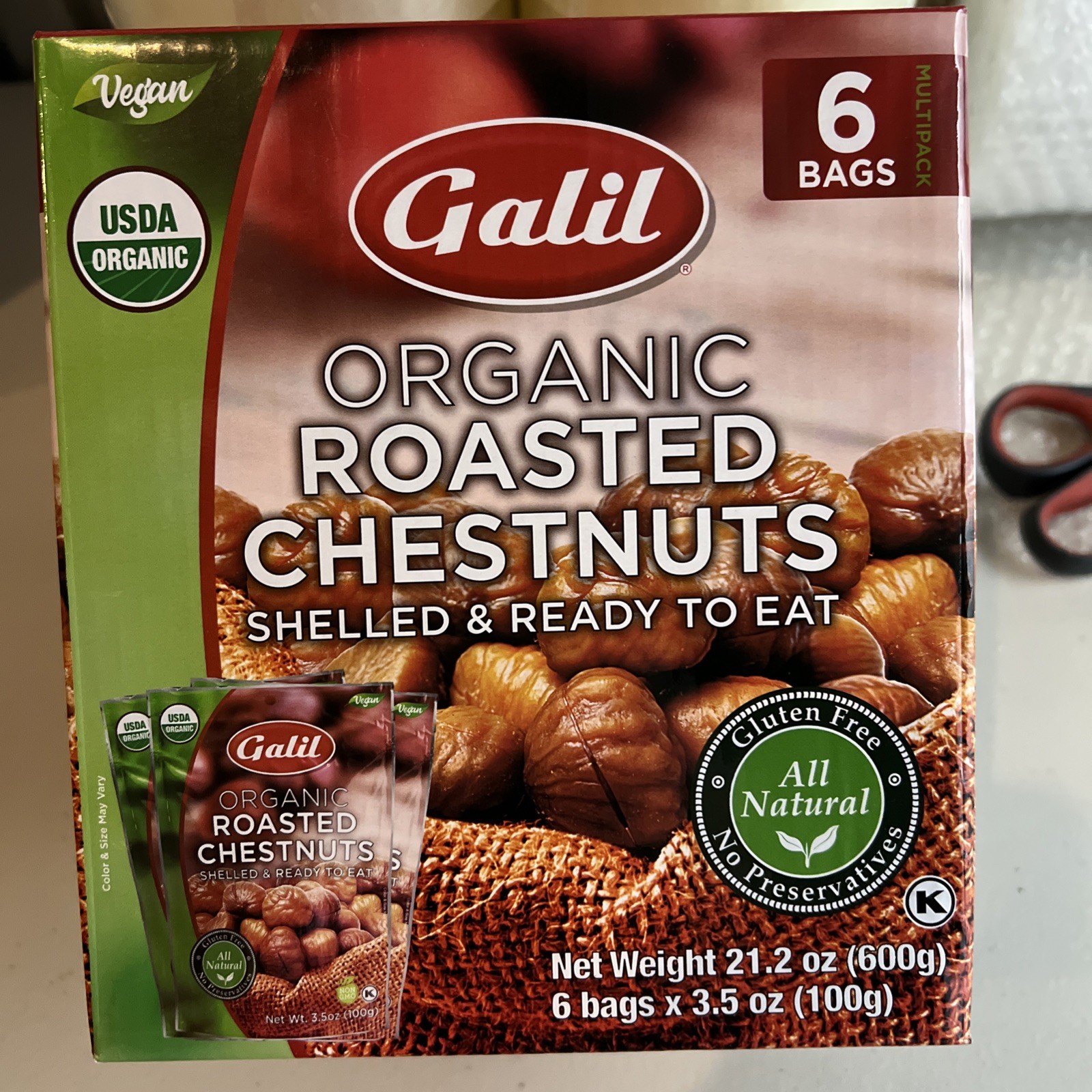 NEW GALIL ORGANIC CHESTNUTS ROASTED PEELED,SHELLED AND READY TO EAT 6 PACK 3.5oz