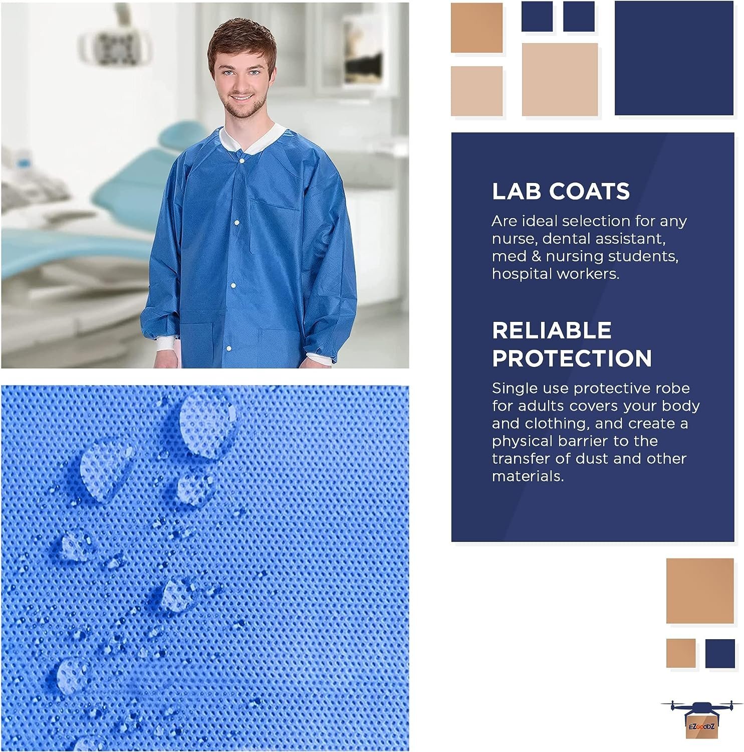 Disposable Lab Coats 38" Long 100ct Blue Adult Work Gowns Medium SMS 40 gsm PPE