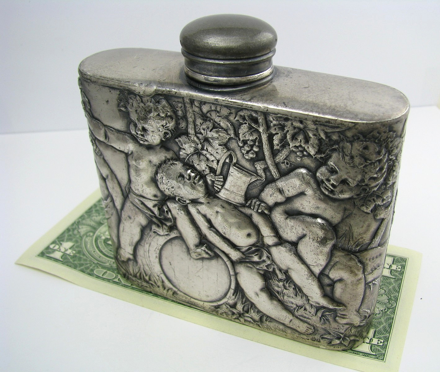 ANTIQUE SILVER PLATED FLASK LIQUOR FLASK Tipsy Cherubs Angels 1870s No Mono Rare