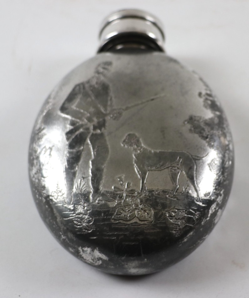 1888 Antique Silverplate Flask & Collapsible Cup/Lid w/ Monogram  5 1/2 x 4''