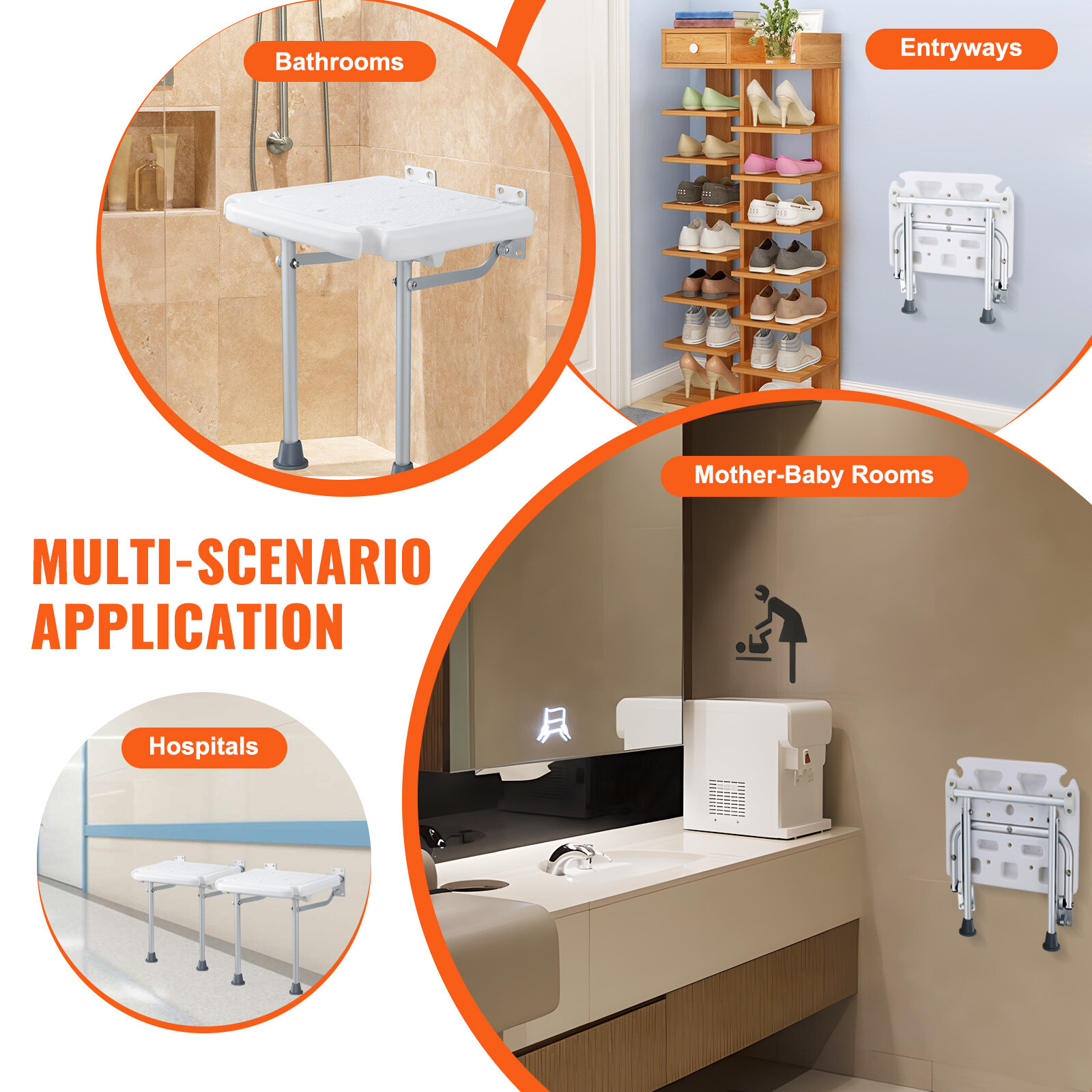 Vevor Fold Down Shower Seat Folding Bench Wall Mount 500lbs Handicapped Chair