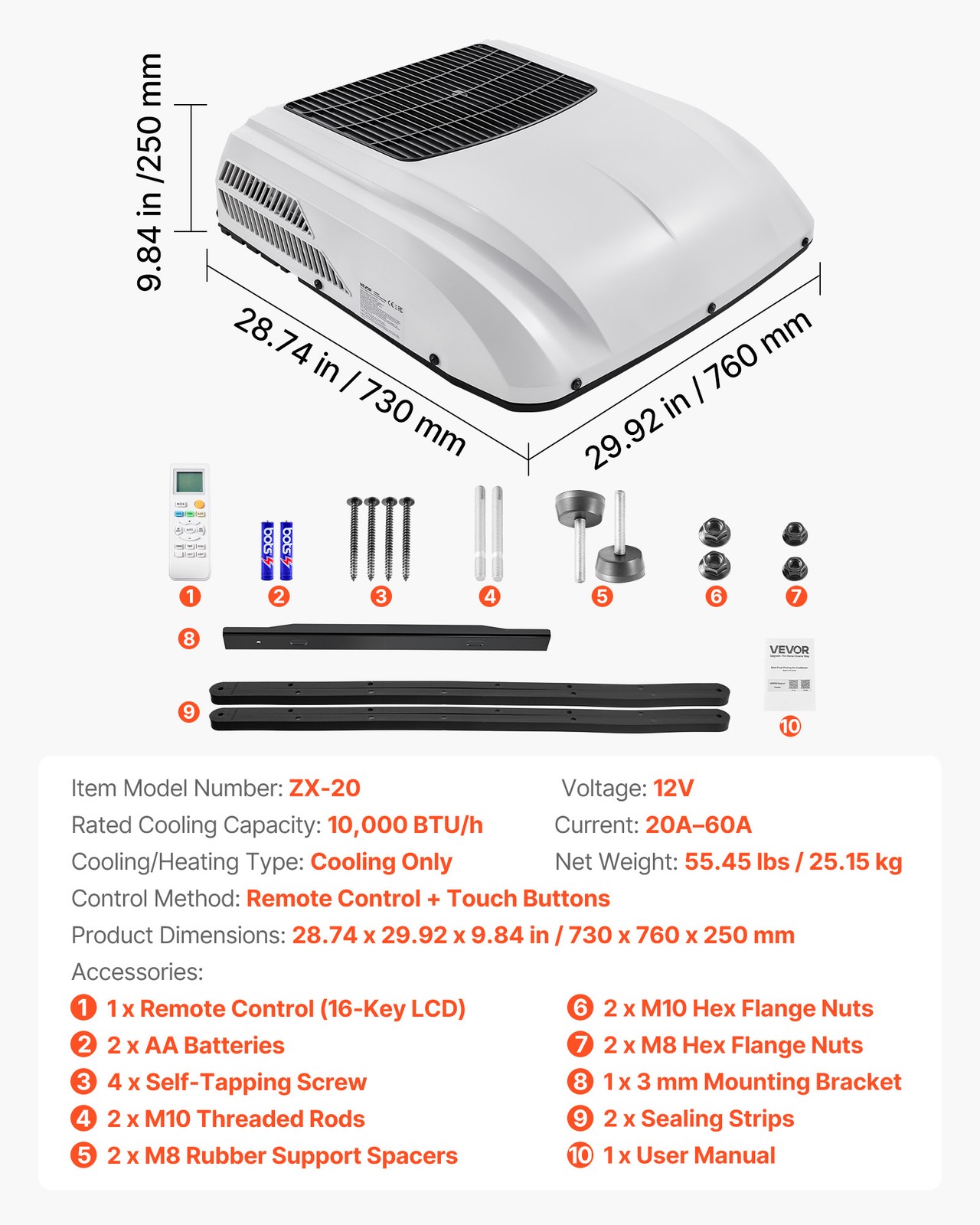VEVOR Truck Air Conditioner RV Rooftop AC Unit 12V 10000 BTU for Truck RV Camper