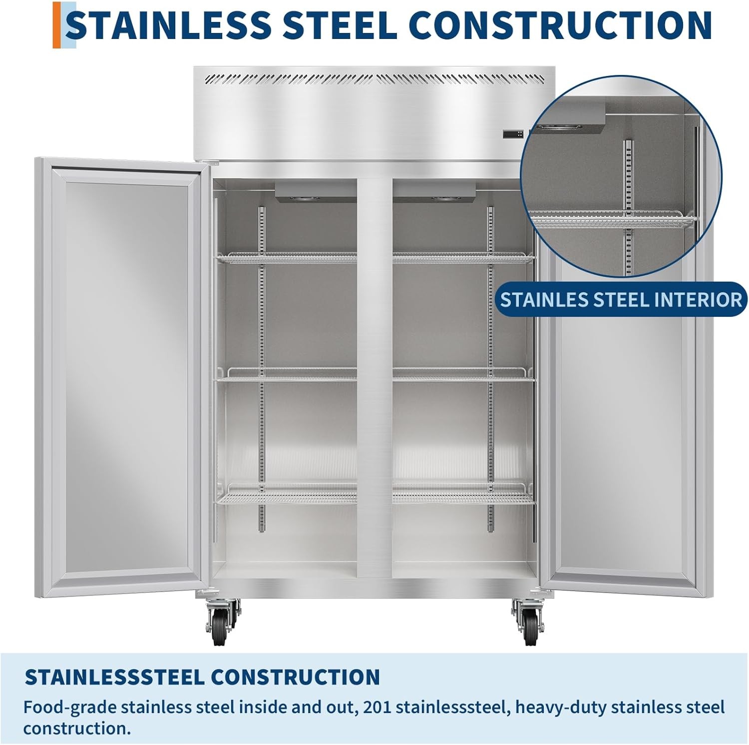 48" Premium Commercial Reach-In Refrigerator Two Door Stainless Steel