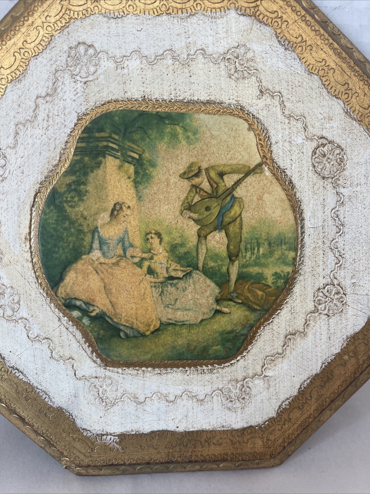 Antiqued Florentine Plaque Wood Artisan Gold Gilt Italy Romantic Octagon 8”