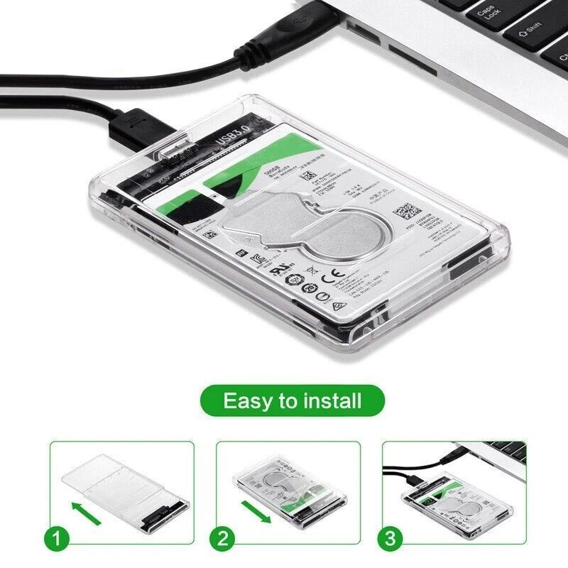 2.5" SATA USB 3.0 Clear Hard Drive Disk HDD SSD Enclosure External Laptop Case，