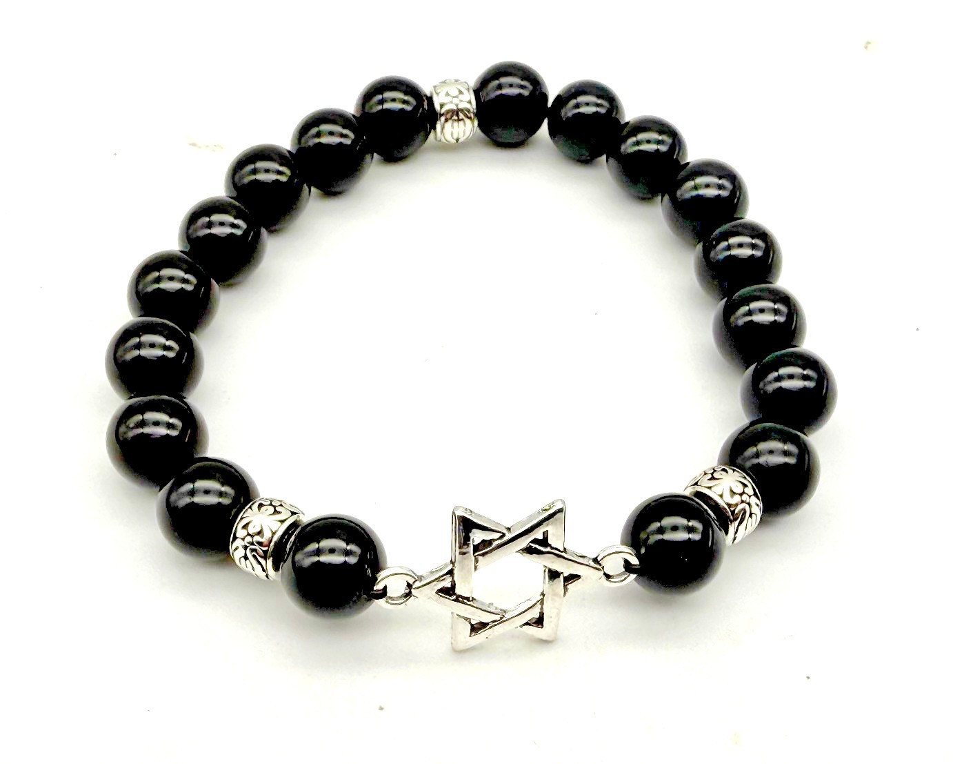Handmade 10mm Onyx & Sterling Silver Star of David Jewish Star Bracelet