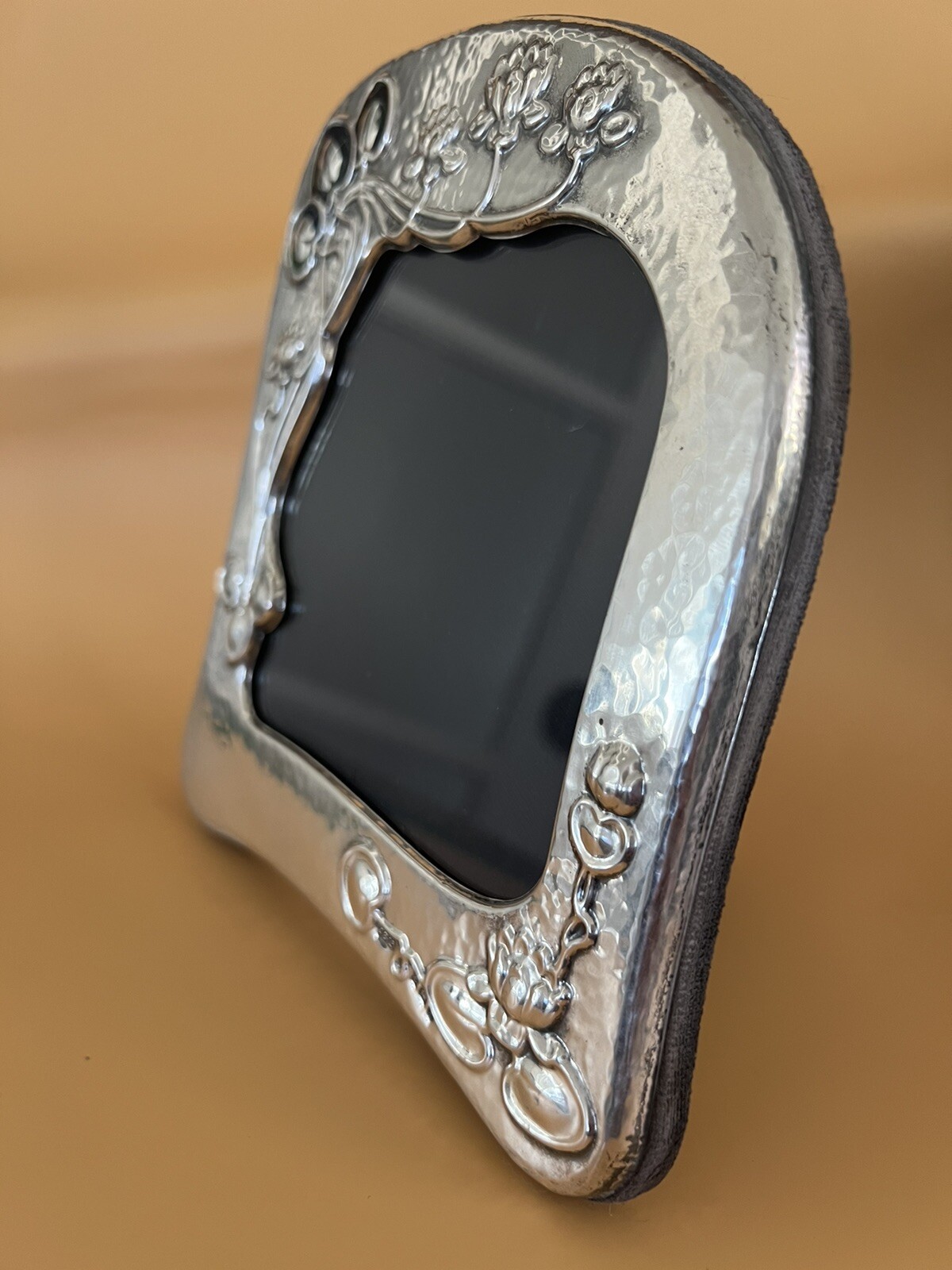 English Hammered Sterling & Enamel Art Nouveau Style Photo Frame