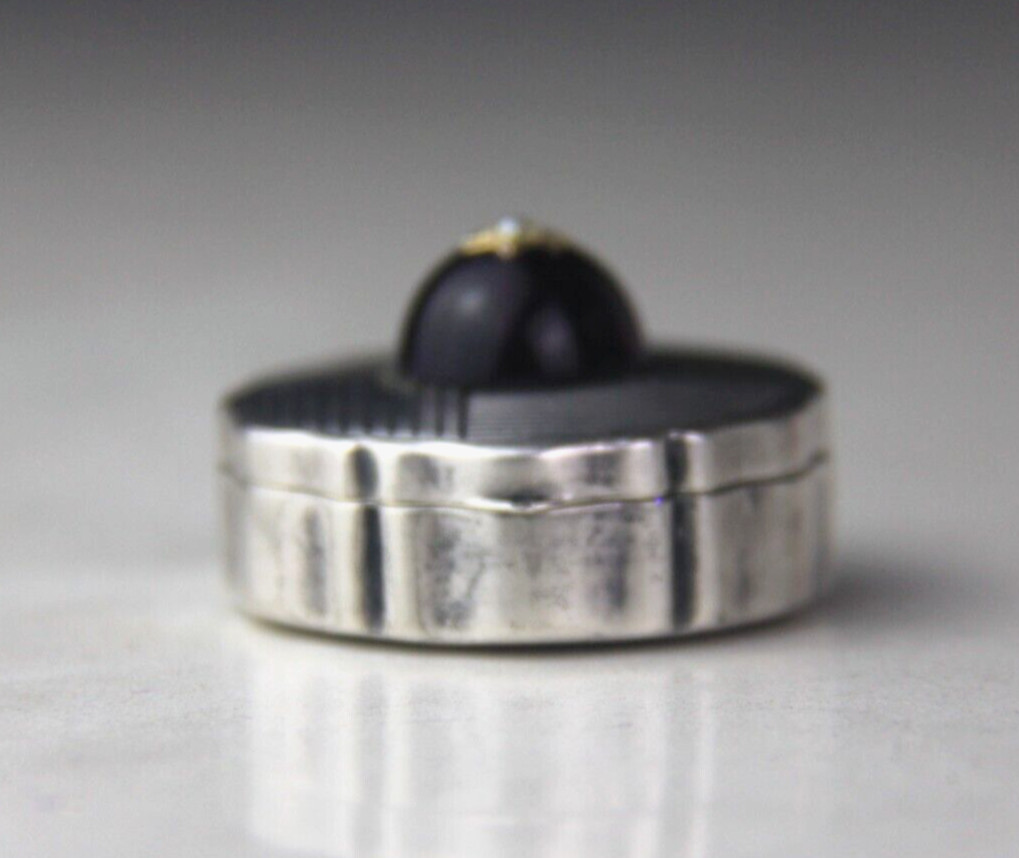 German 800 Silver Round Pill Box w/ Round Amethyst Cabochon & Seed Pearl on Lid