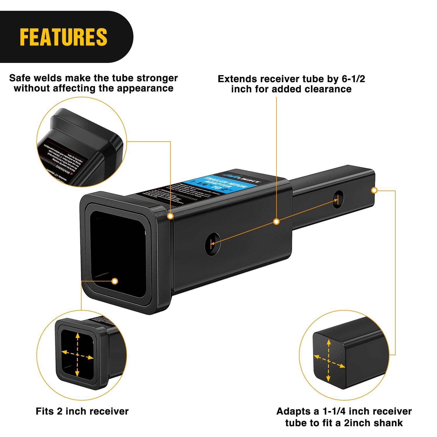 Nilight Trailer Hitch Receiver Adapter 1-1/4 to 2Inch Hitch