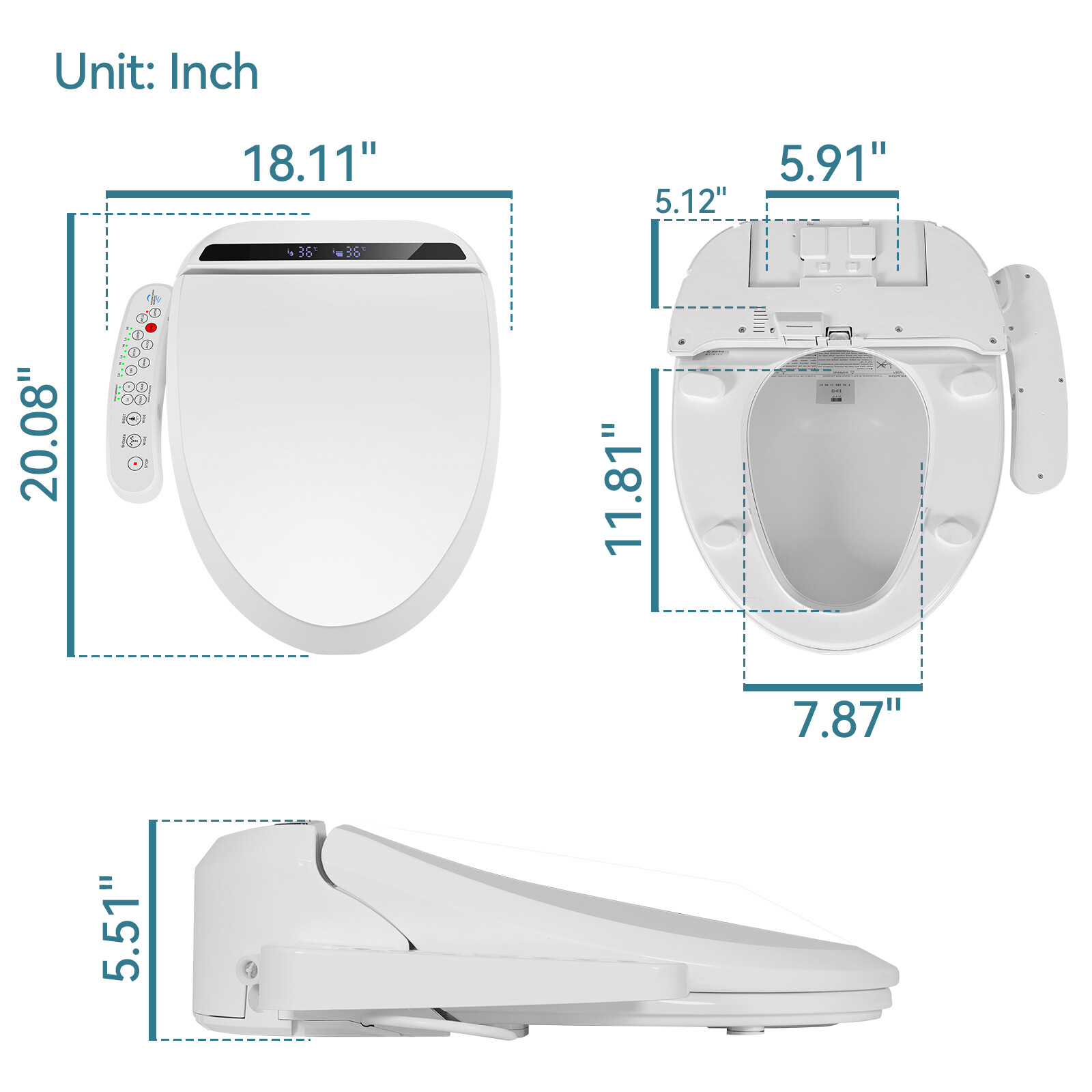 Smart Toilet Seat Electric Bidet Elongated Auto Deodorization Heated Nightlight