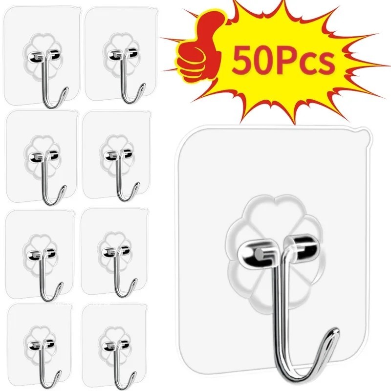 1-50pcs Adhesive Sticky Hooks Heavy Duty Clear Wall Seamless Hooks Hangers USA