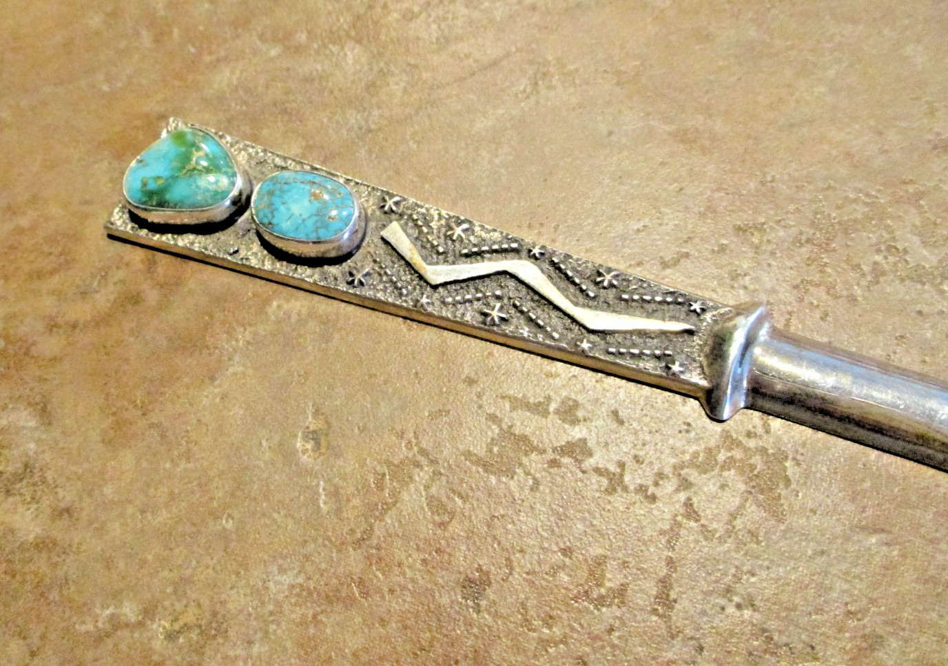 7" TOP SHELF !!! Vintage Navajo Sterling Turquoise Sandcast LETTER OPENER