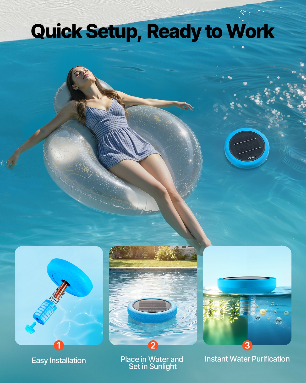 VEVOR Solar Pool Ionizer Round Copper Pool Ionizer Up to 35000 Gal for Pool Blue