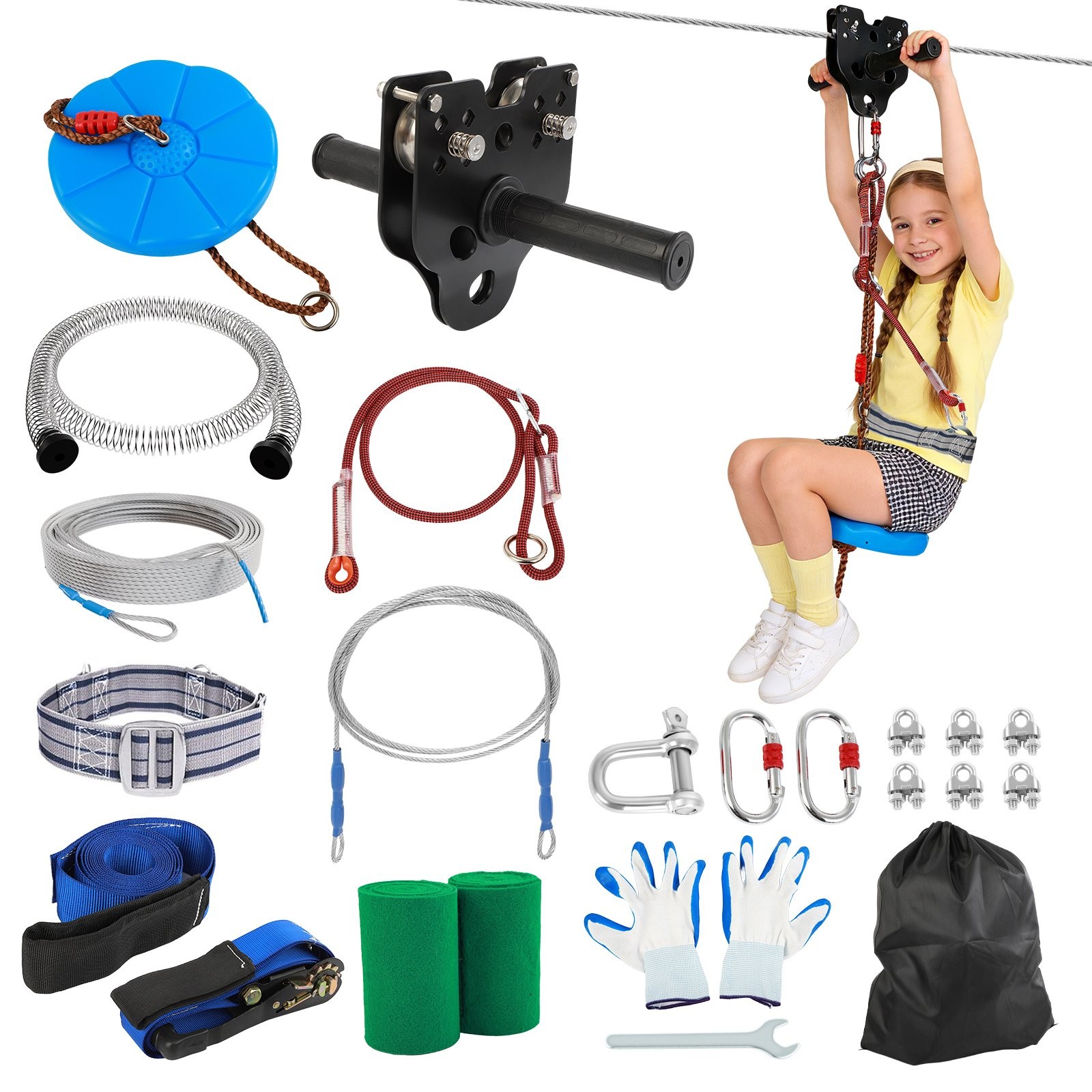 300FT Zip Line for Adults and Kids  - Up To 400LBS Quick Tighten Zip Line Kit