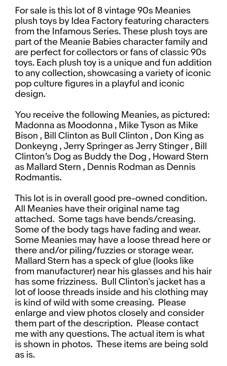 Vintage 90s Meanies Plush Lot Of 8- Infamous Series MADONNA Clinton HOWARD STERN