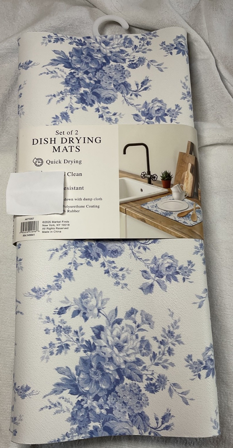 MARKET FINDS DISH DRYING MATS (2) BLUE FLOWERS REVERSIBLE 15 X 20MICROFIBER NIP