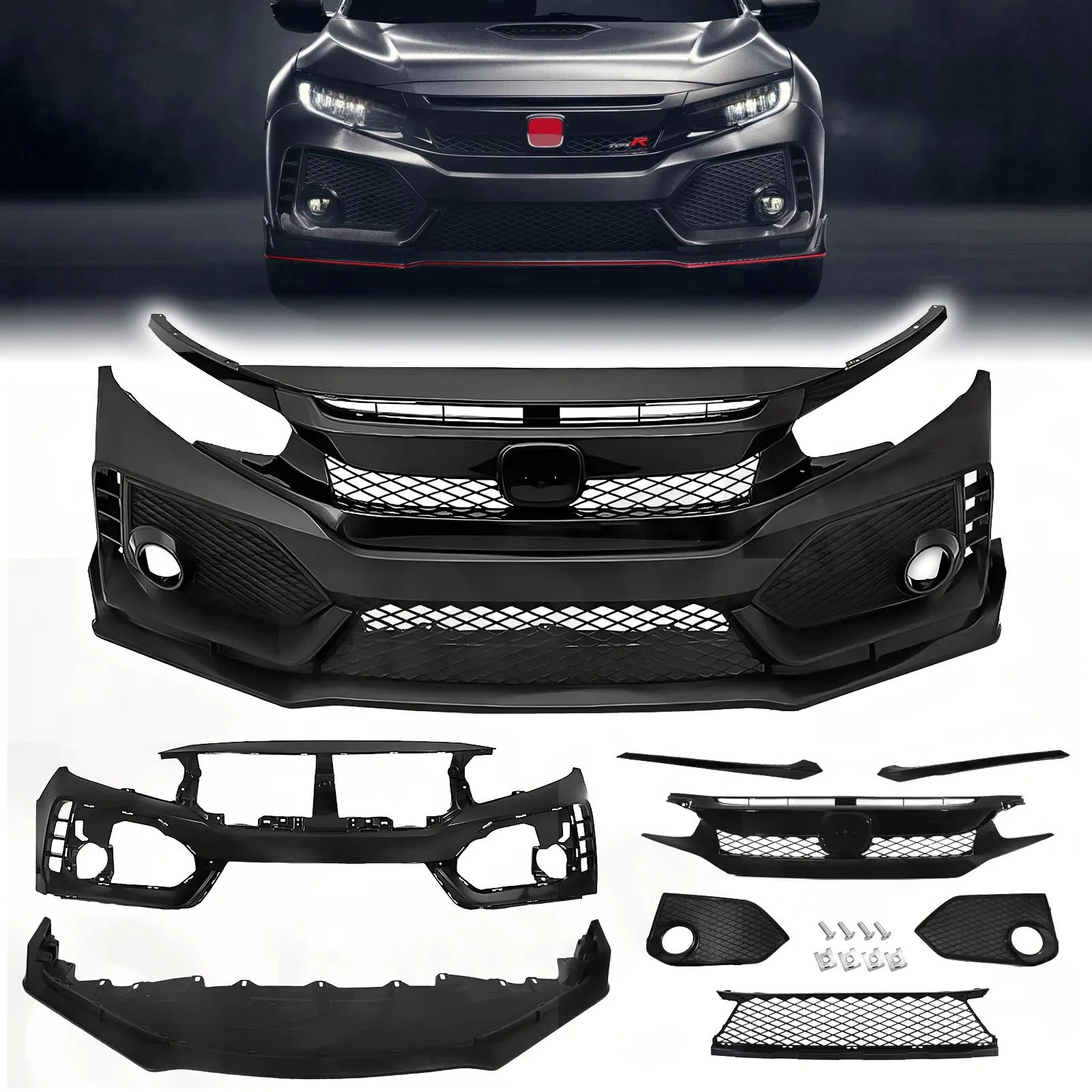 For 2016-2021 Honda Civic Type R Style Front Bumper Cover Kit with Grille & Lip