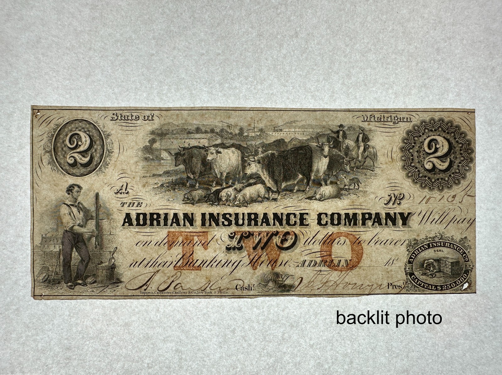 1853 $2 Adrian Insurance Company Michigan Obsolete Bank Note Two Dollars Bill MI
