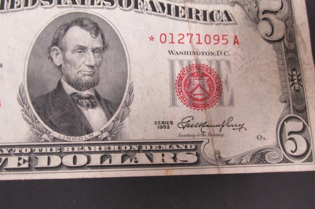 1953 $5 Red Seal And Red Star Five Dollar Bill United States Note