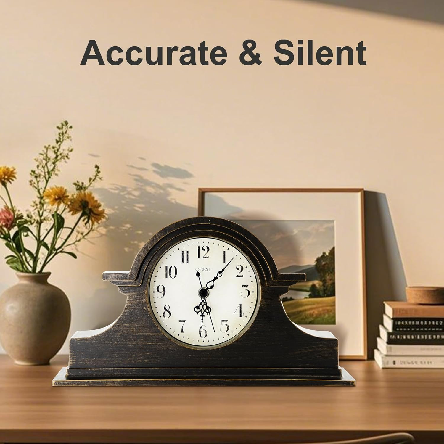 Vintage Farmhouse Mantel Clock - 13 x 7 Inch Quartz Gilt Finish Battery Operated