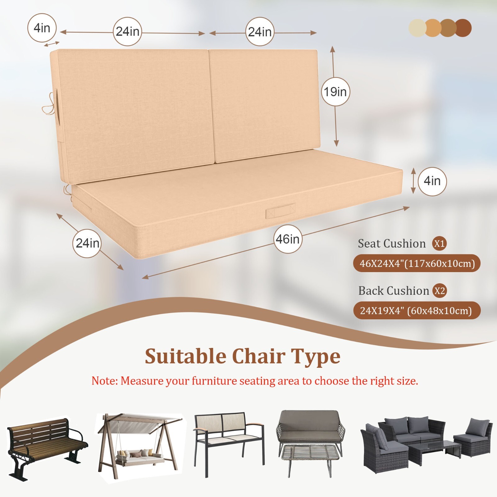 Outdoor Loveseat Cushions for Patio Furniture 46 x 24 Inch Deep Seat Cushion