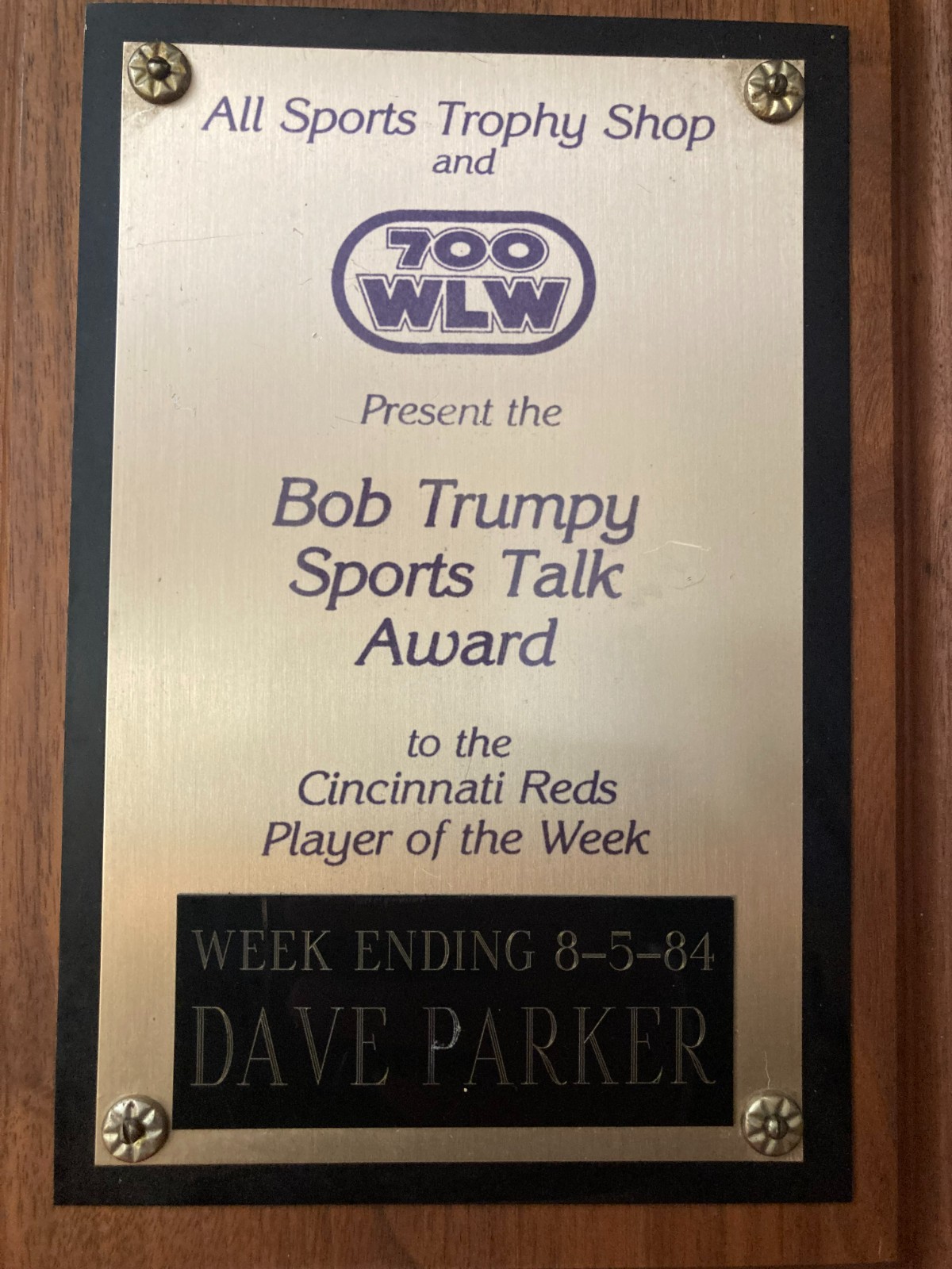 DAVE PARKER 700 WLW Bob Trumpy Player of the Week 1984 Personal Award Plaque HOF
