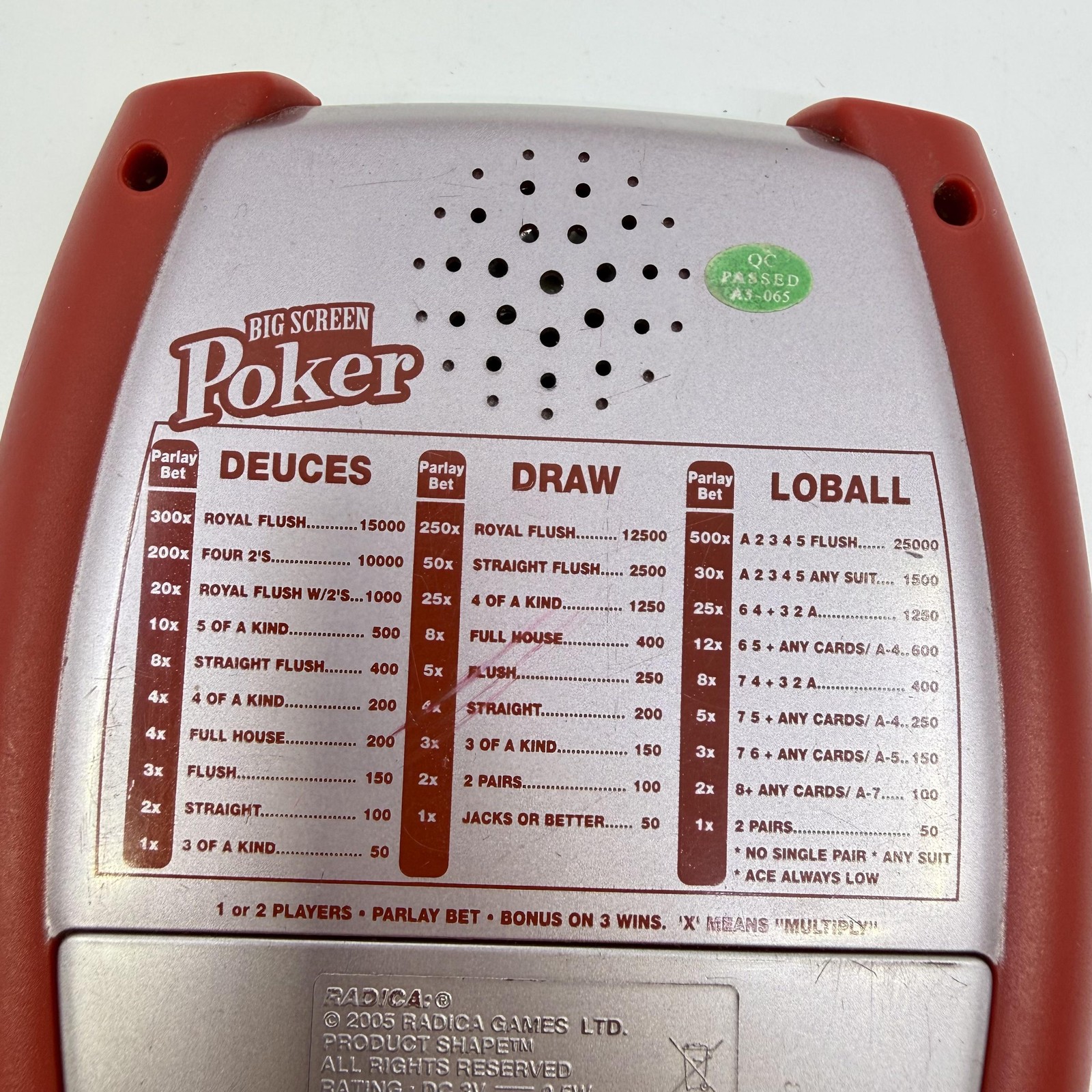 Radica Big Screen Poker Electronic Handheld Game Red Silver 2005 China