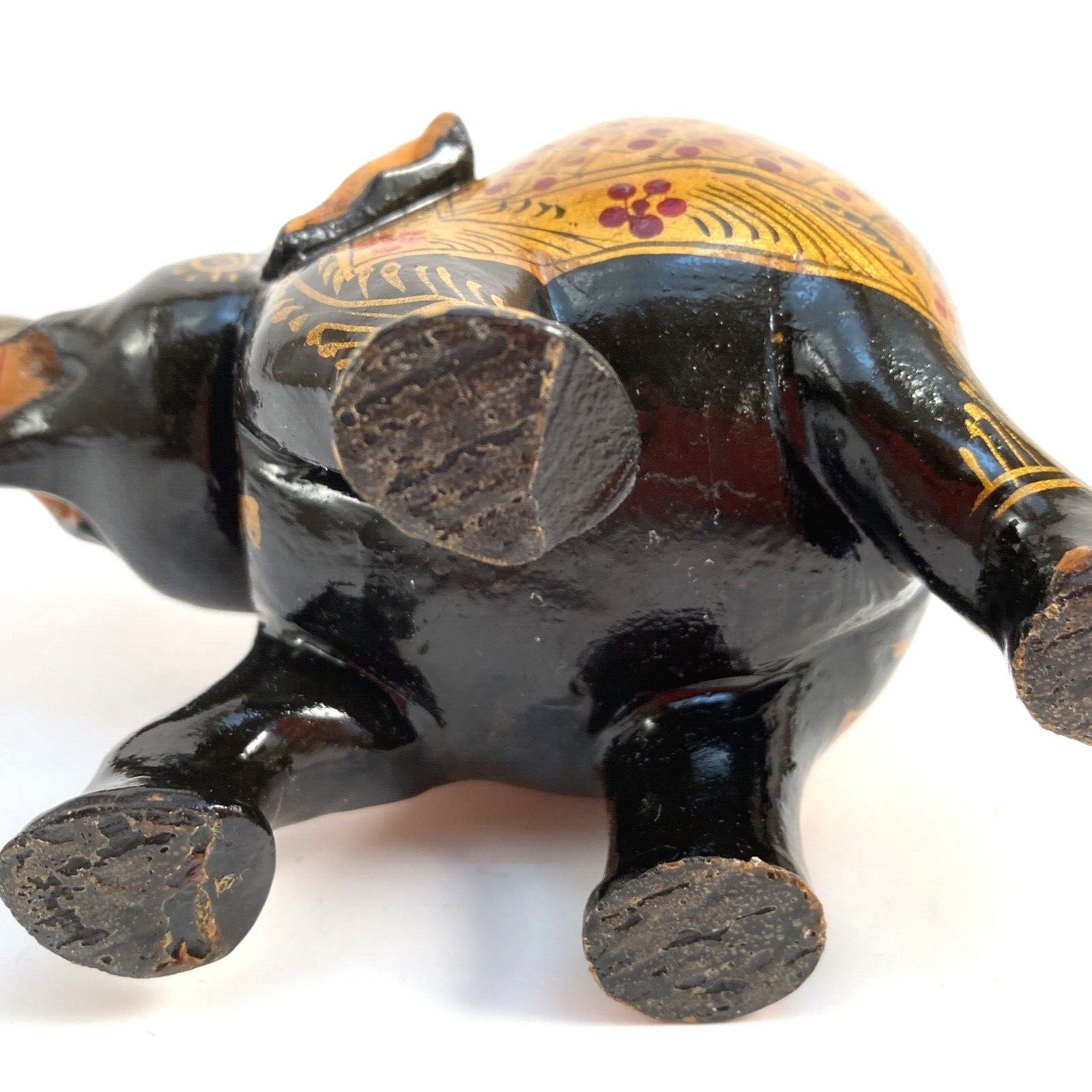 Wooden Trunk Up Elephant Figure Handpainted Gold Highlight Designs MISSING TUSKS