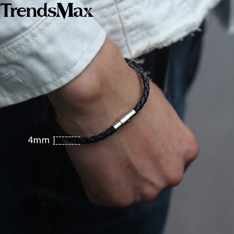 4mm Black Braided Cord Rope Leather Bracelet Unisex Mens Stainless Steel Clasp