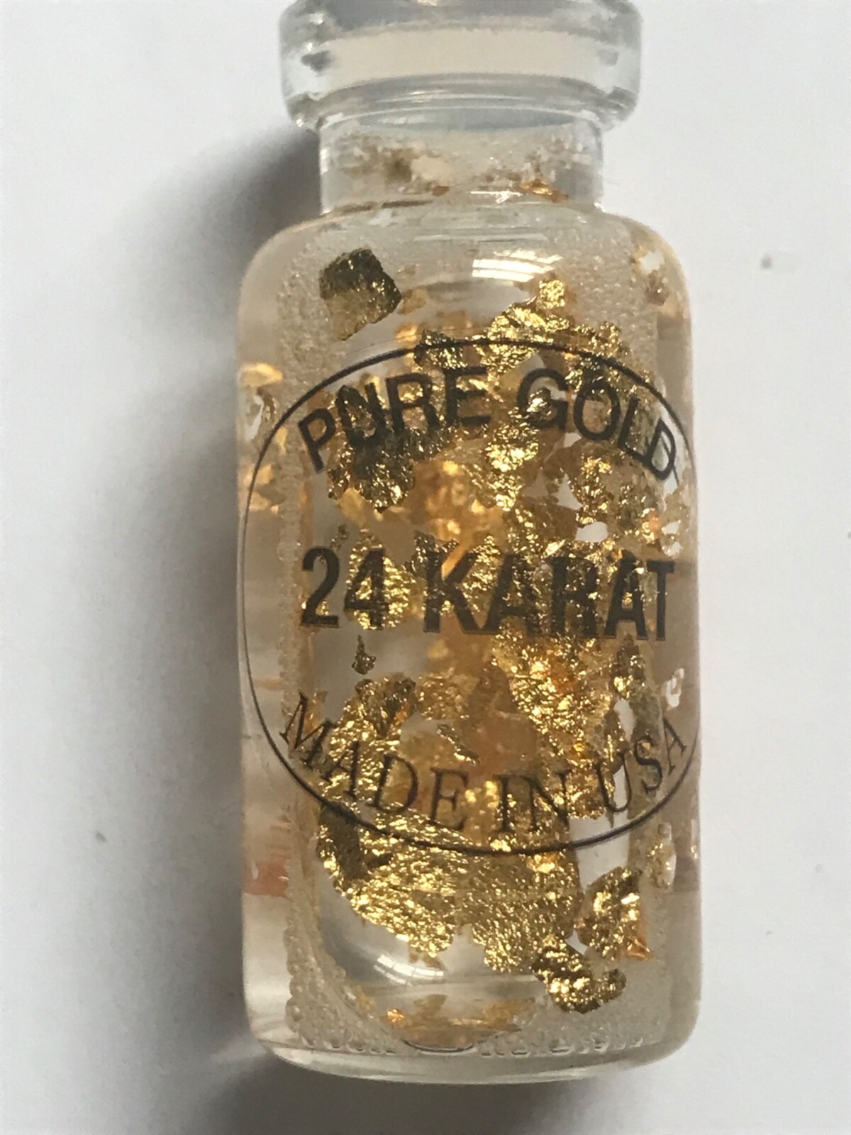 Pure Gold Flake 24 Karat Bottle Vial 1 1/2" x 5/8" Made USA Real Leaf Specimen