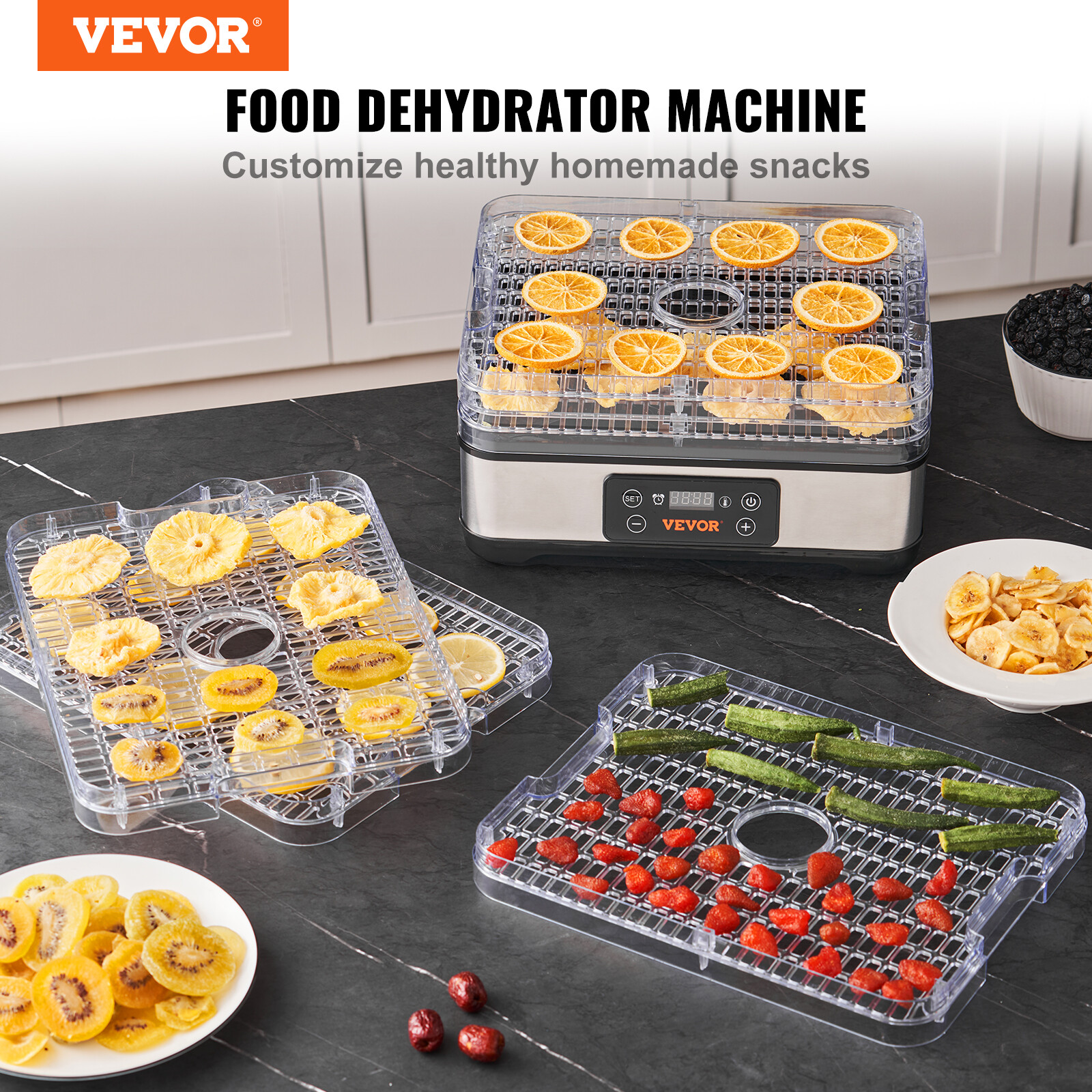 VEVOR 5 Trays Food Dehydrator Machine Adjustable Timer 300W Jerky Fruit Drying