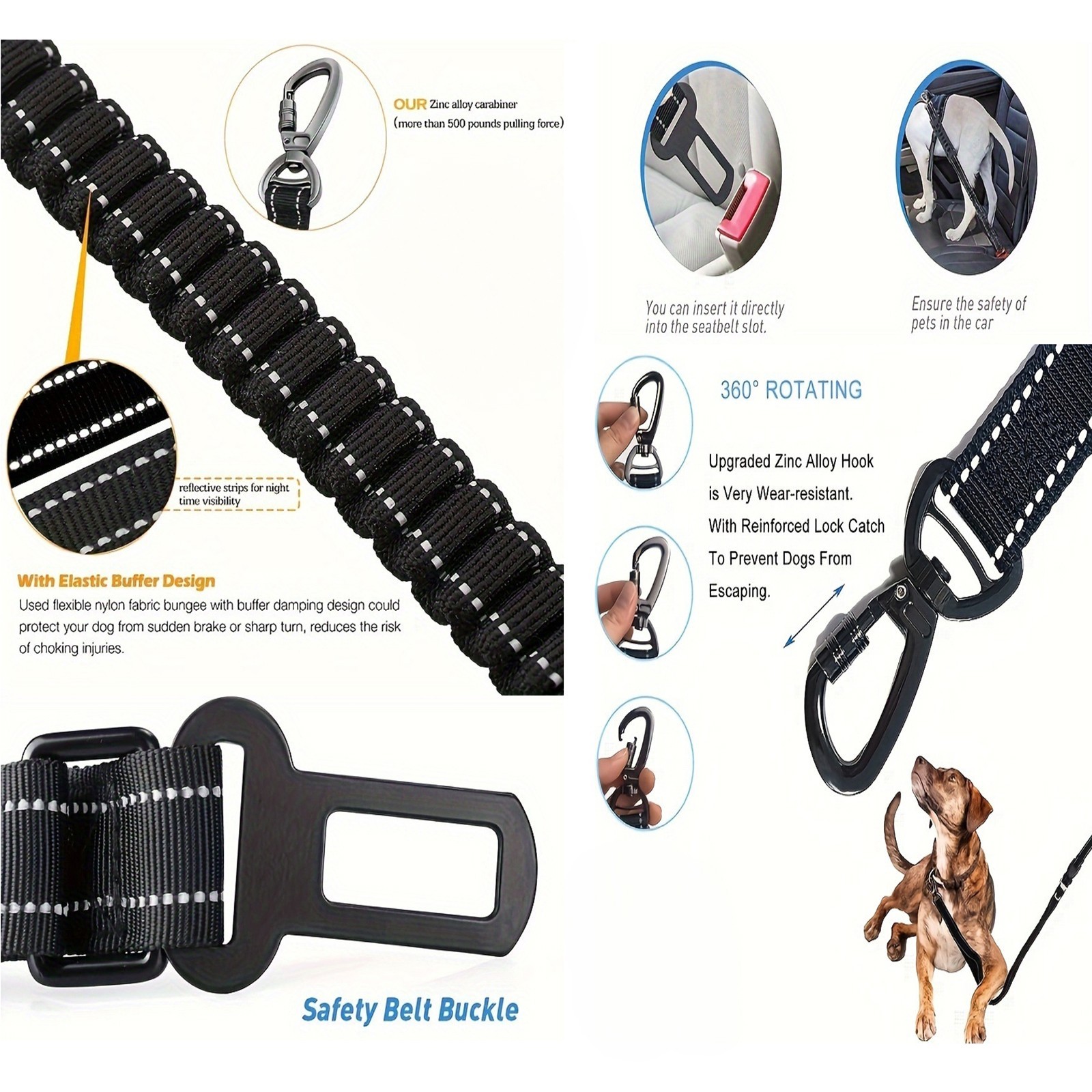 4-in-1 Bungee Dog Leash Car Seat Belt Adjustable Walking Anti-Pull Leash 5-6.3FT