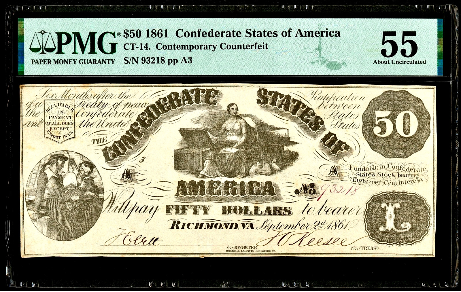 1861 Confederate States of America $50 Banknote Counterfeit CT-14 PMG AU55