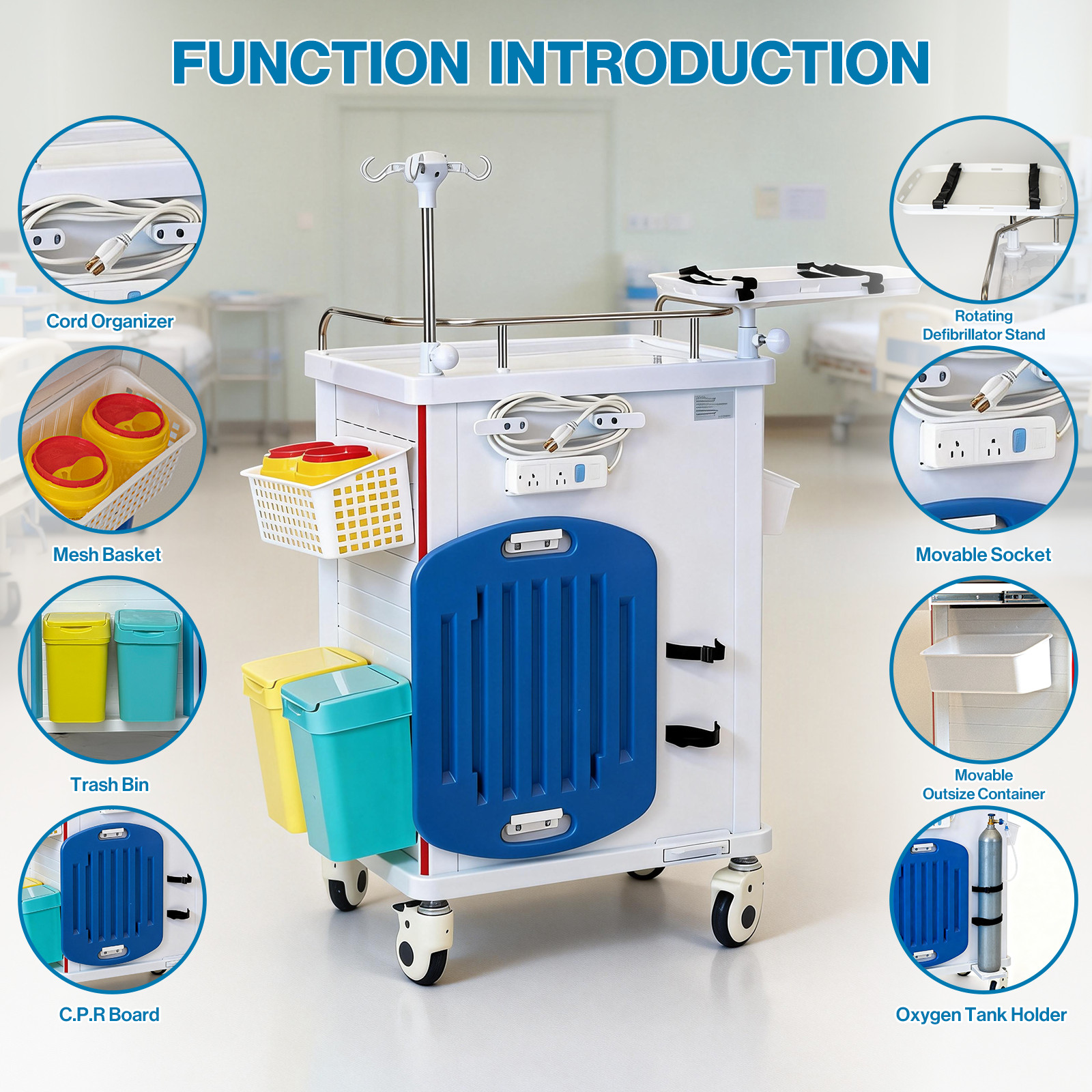 Medical Crash Cart with Emergency Accessory, Mobile Emergency Cart for Hospitals