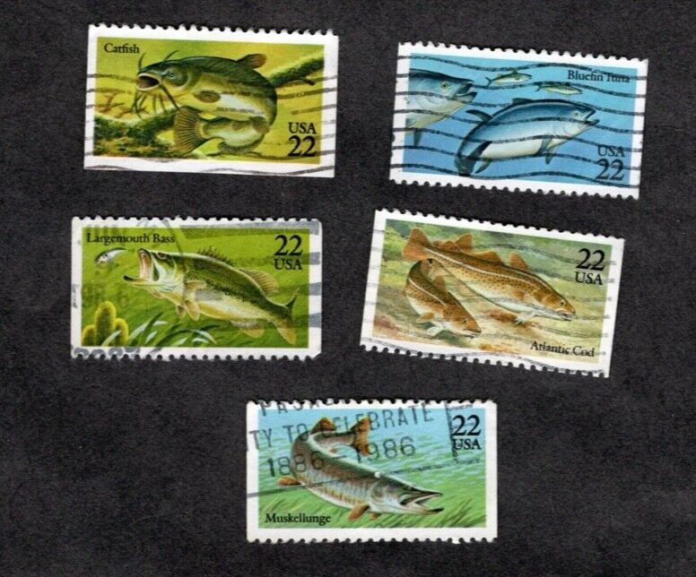 #2205-2209 Fish Booklet Stamps, Used Se-Tenent Set of 5, 22 cent, Off Paper