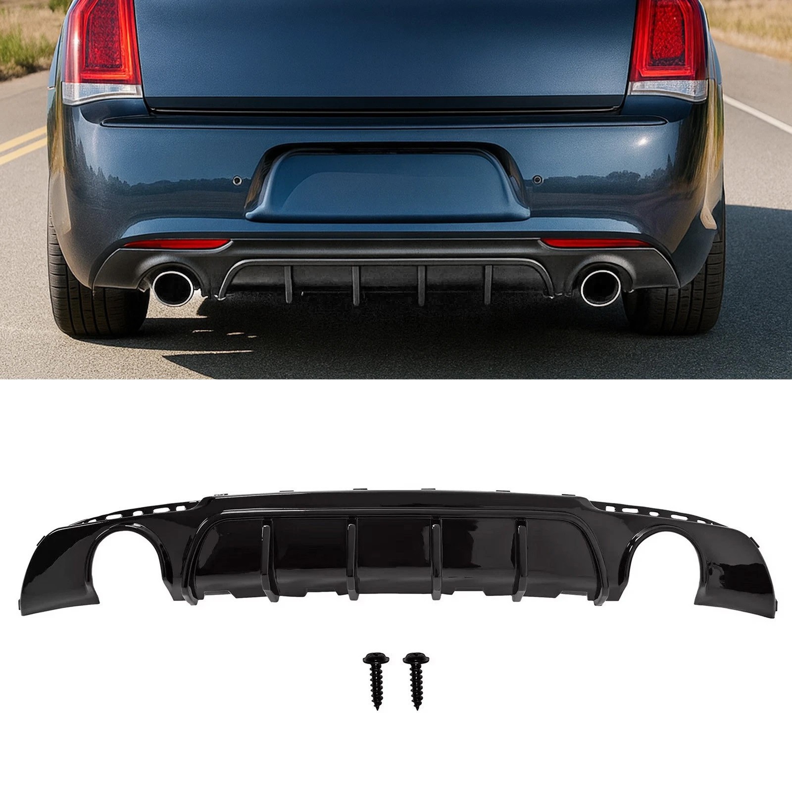 Rear Bumper Diffuser Valance Shark Fins Gloss Black Fits CHRYSLER 300 2015-2023