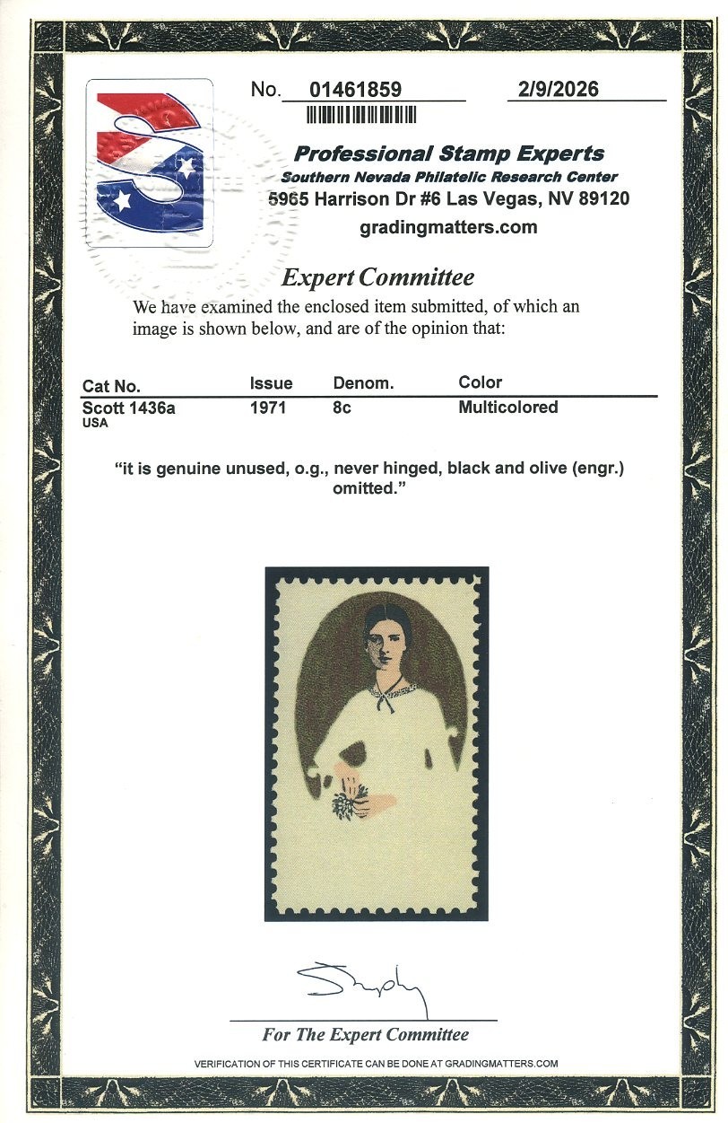 1436a, Black and Olive (Engr.) Omitted, Mint NH, PSE Certificate, Scott $500