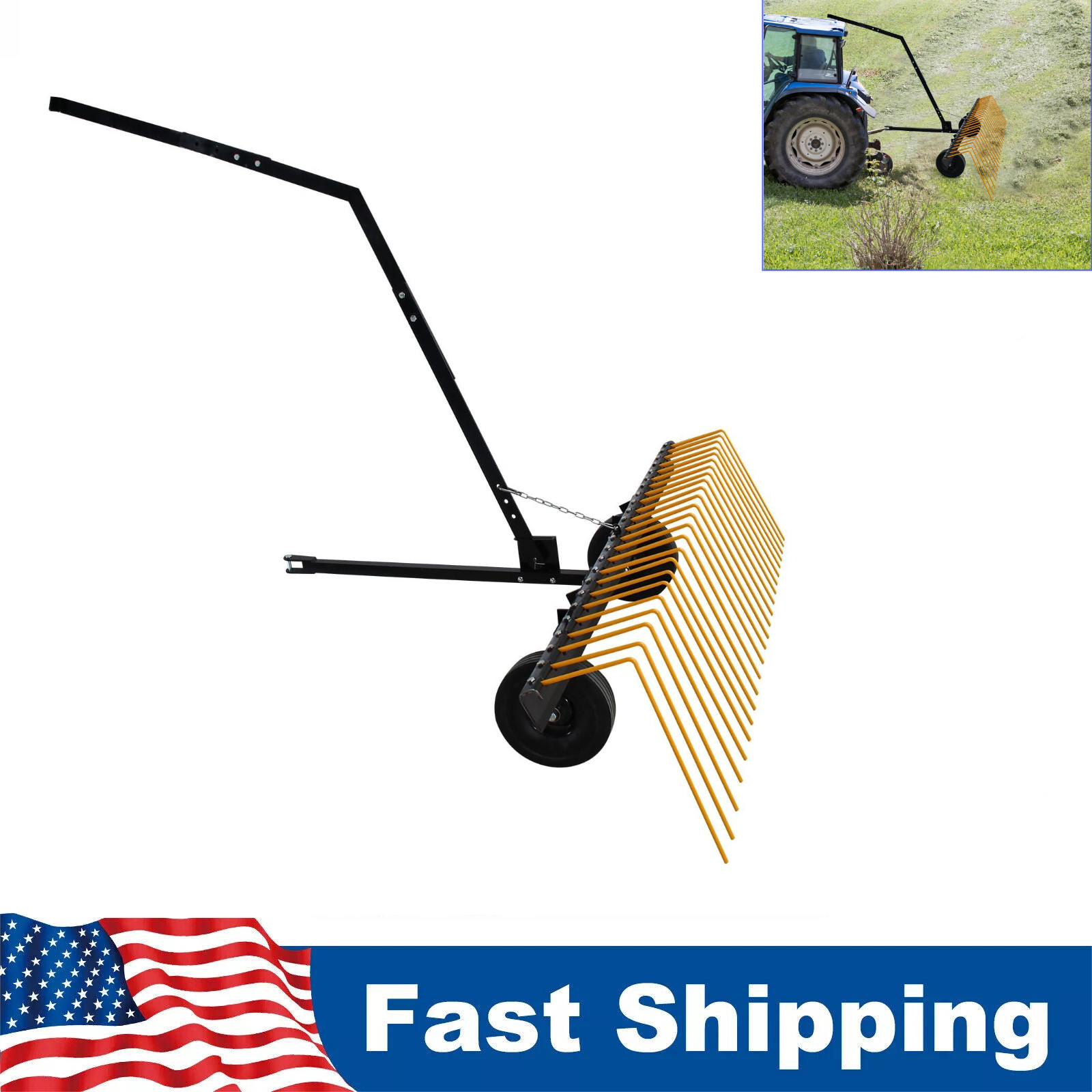 60" Tow Behind Pine Straw Rake Heavy Duty Steel Tractor ATV Lawn Rake W/ 24 Tine