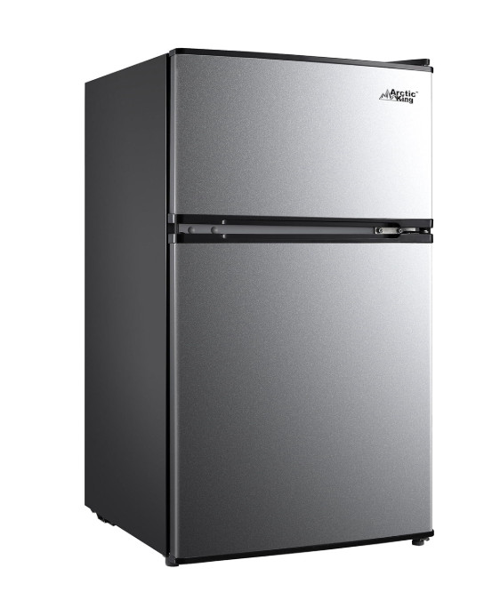 3.2 Cu ft Two Door Mini Fridge with Freezer, Stainless Steel, Energy Efficient