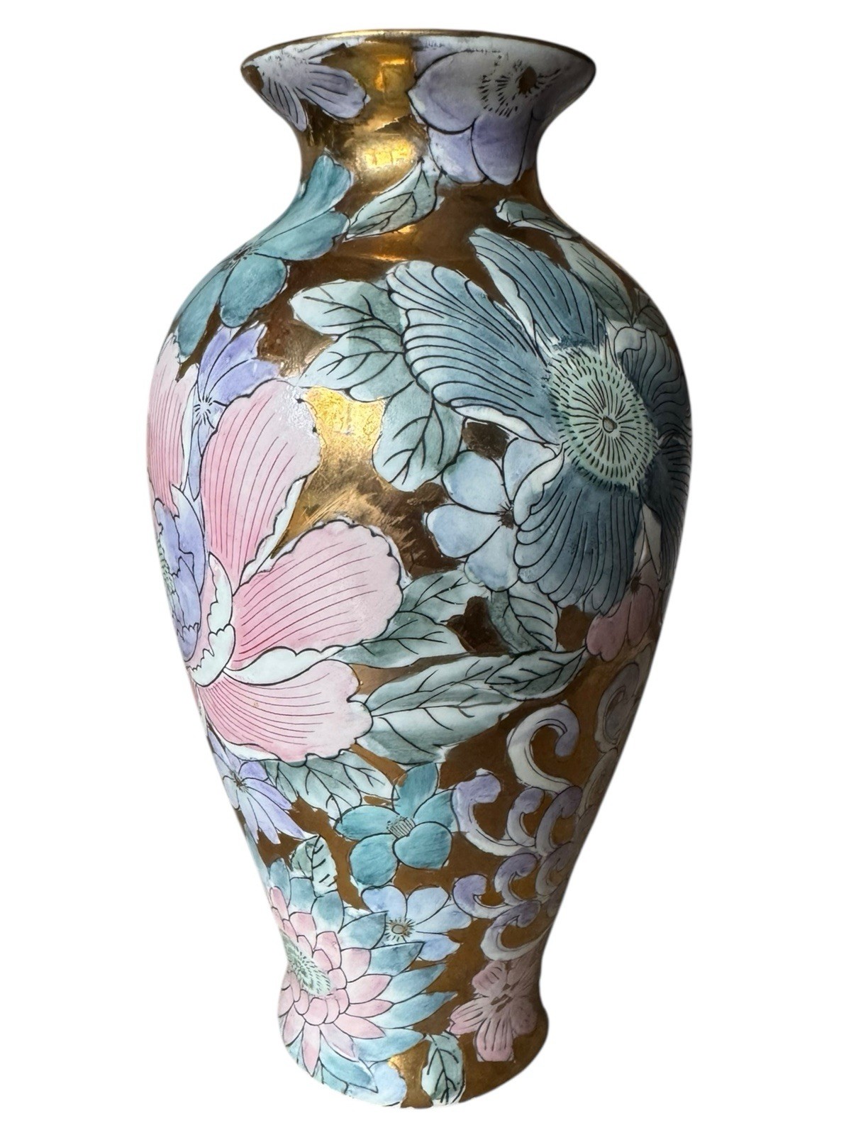 Vintage 8” Vase Chinoiserie Golden Peony Pastel Pink Purple Blue Toyo Macau 1970