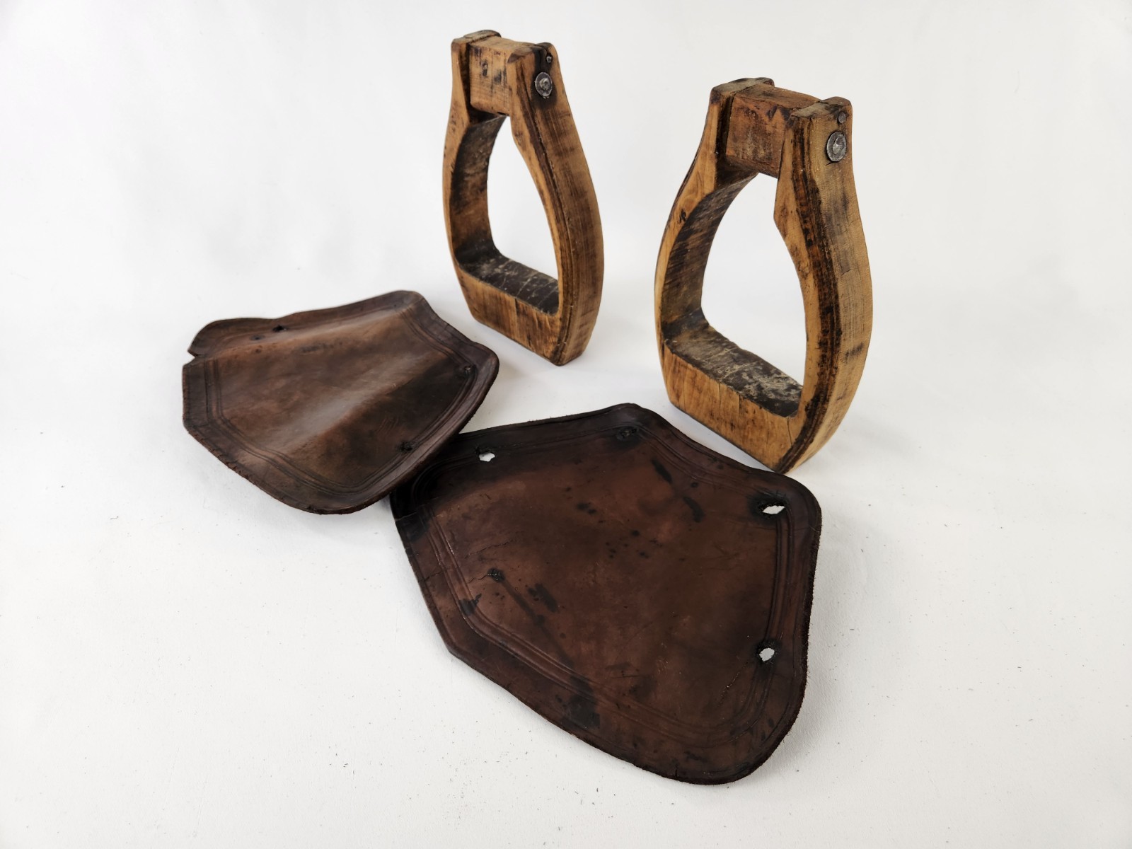 Antique Wooden Stirrups & Leather Tapaderos Boot Cover Hand Carved Horse Saddle