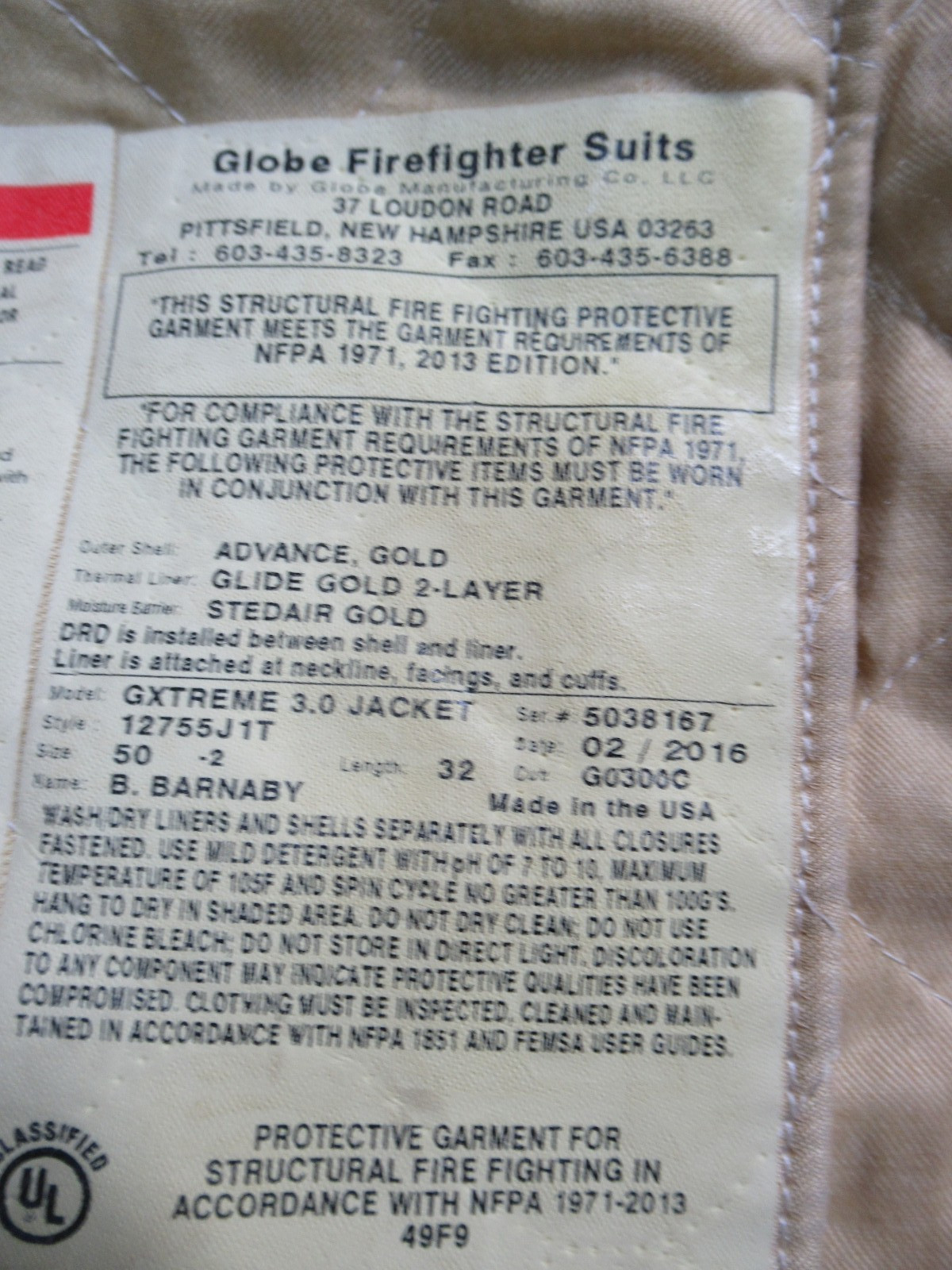 Mfg 2016 GLOBE GXTREME 3.0 JACKET 50 -2 x 32 Firefighter COAT Turnout Bunker