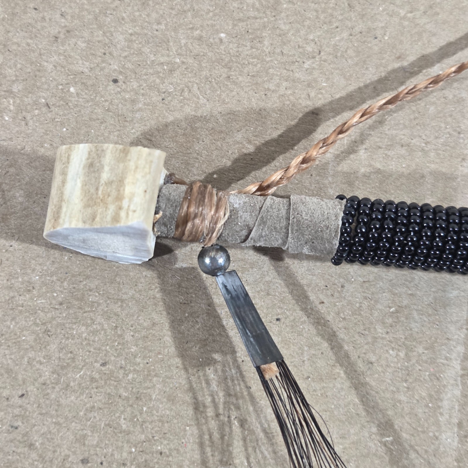 Authentic Navajo Peace Pipe 6" Handcrafted Black Beads leather wood stag