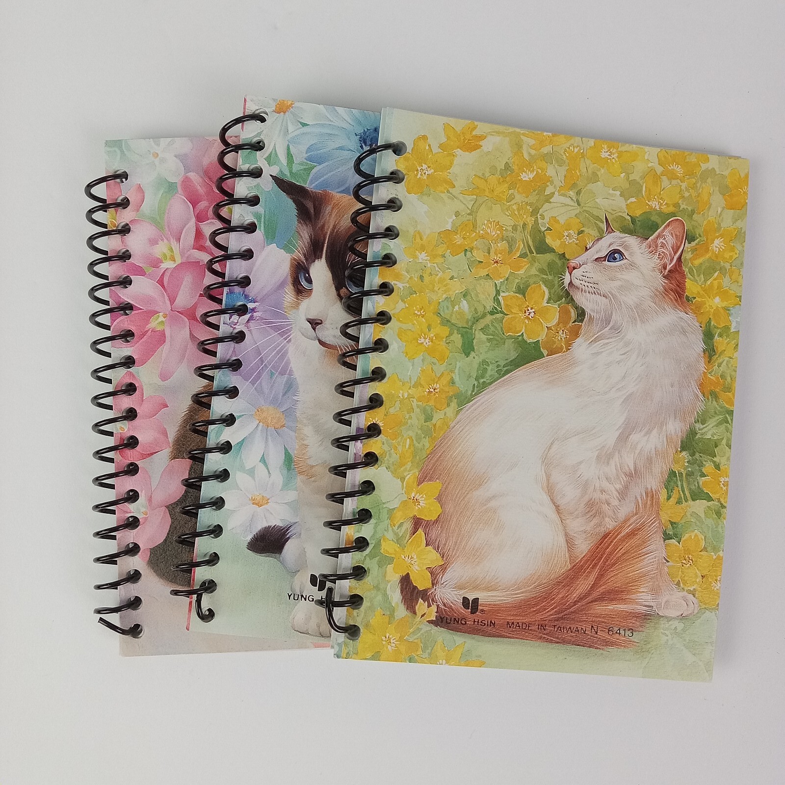 3 Vtg Cat Mini Notebooks Kitty Flowers 90s Lined Pages Spiral Yung Hsin READ