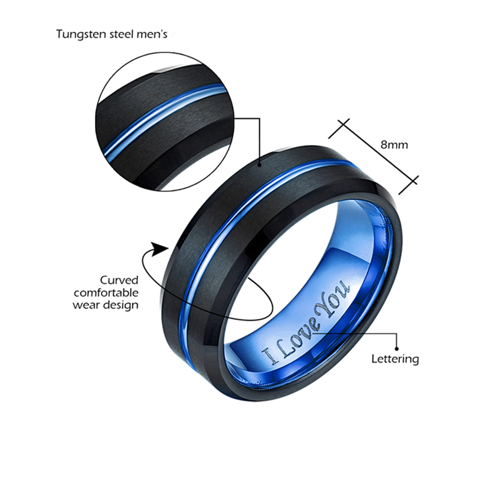 Men I Love You Wedding Band Tungsten Ring Women Heart Promise Band Couple 2pcs