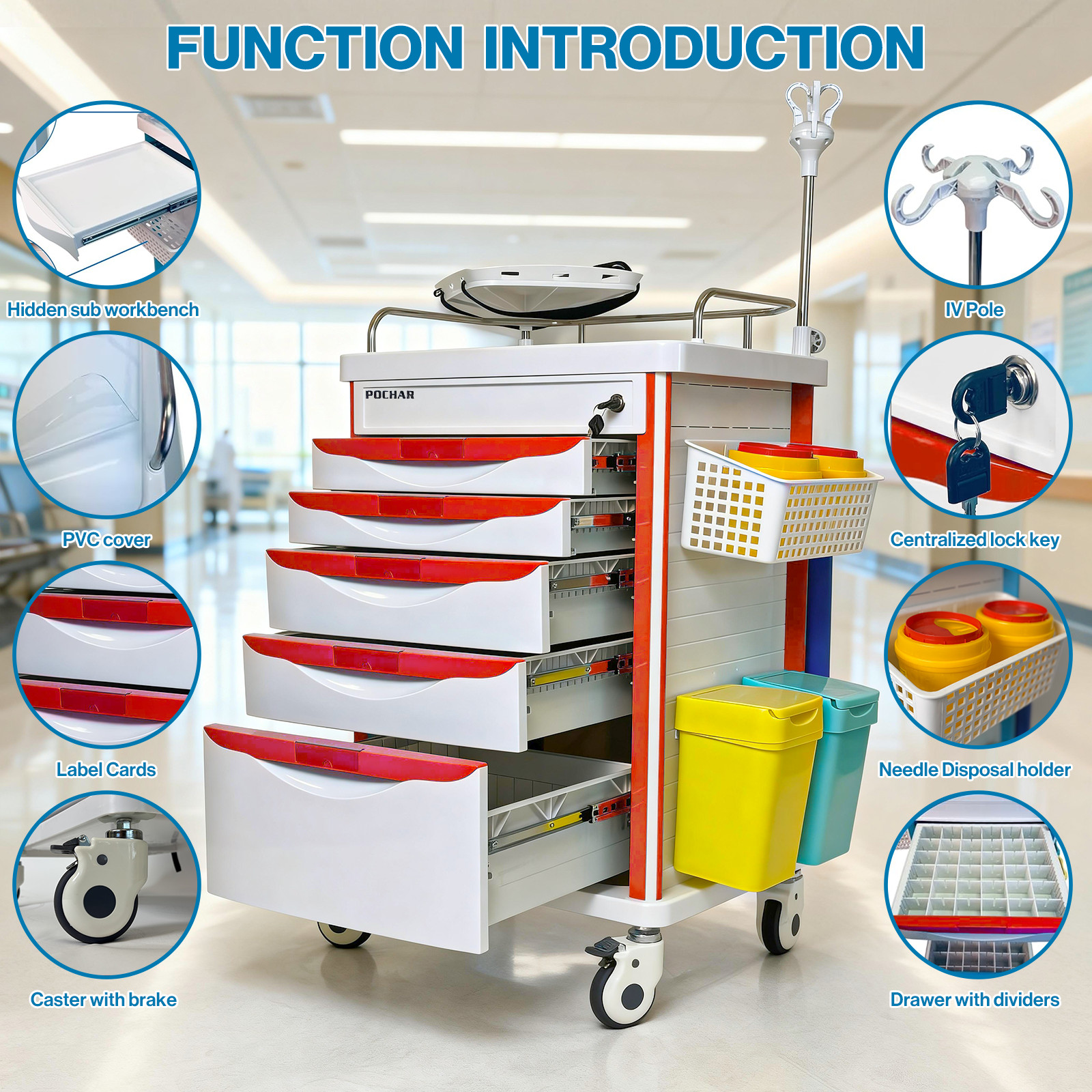 Medical Crash Cart with Emergency Accessory, Mobile Emergency Cart for Hospitals